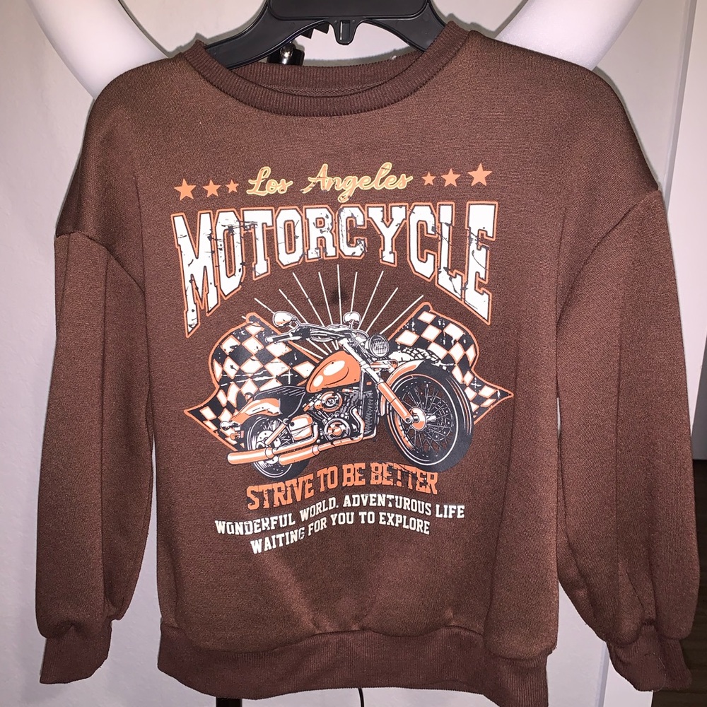 SHEIN Brown Motorcycle Graphic Kid’s Crewneck Sweater